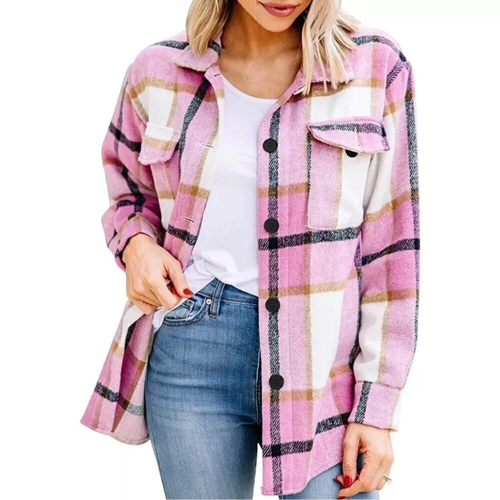 Plaid Pink Blue Cozy Fleece Button Down Jacket - Picture 2 of 10